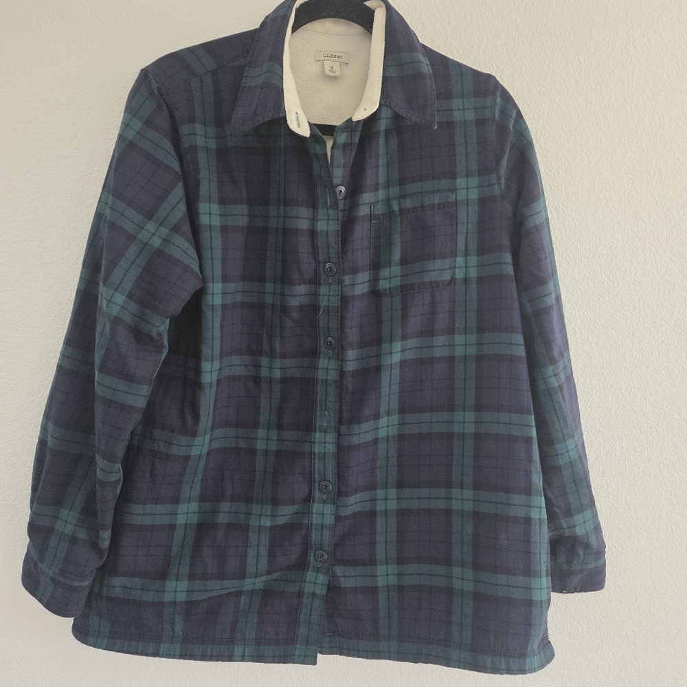 L.L. Bean Women's Plaid Flannel Fleece Lined Shirt Jacket Green Navy Size Medium